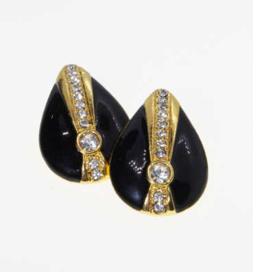 Earrings - Vintage Black Teardrop Gold Tone Earrings with Diamantes - ML2265