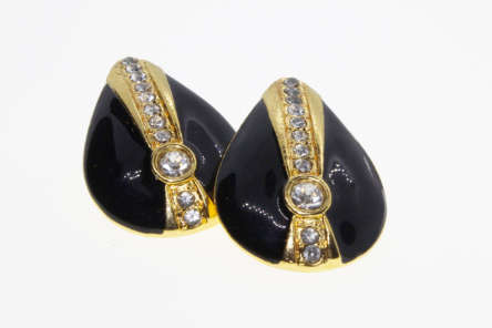 Earrings - Vintage Black Teardrop Gold Tone Earrings with Diamantes - ML2265