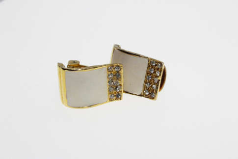 Earrings - Vintage Gold Tone Earring with Off-White Enamel Square and Diamantes - ML2266