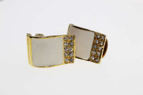 Earrings - Vintage Gold Tone Earring with Off-White Enamel Square and Diamantes - ML2266