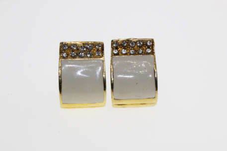 Earrings - Vintage Gold Tone Earring with Off-White Enamel Square and Diamantes - ML2266