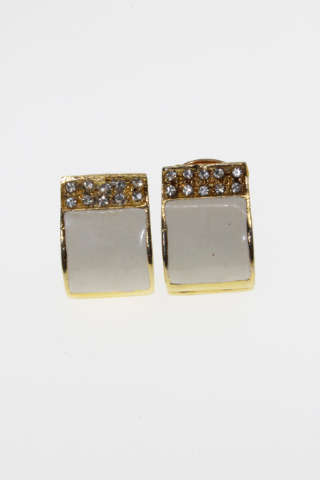 Earrings - Vintage Gold Tone Earring with Off-White Enamel Square and Diamantes - ML2266