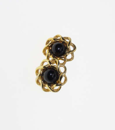 Earrings - Vintage Floral Type Gold Tone Earrings with Black Bead in Centre - ML2271