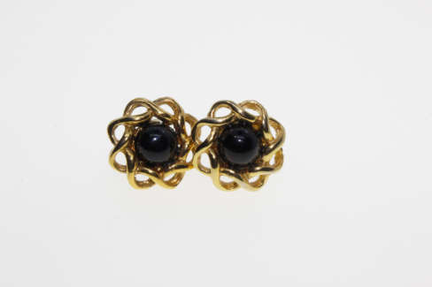 Earrings - Vintage Floral Type Gold Tone Earrings with Black Bead in Centre - ML2271