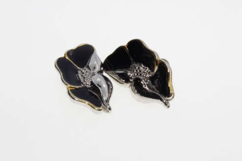 Earrings - Vintage Black Enamel Silver Tone Filigree Floral Earrings - ML2272