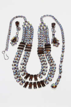 Set - Vintage Silver Tone Diamante Necklace and Earrings with Brown Rhinestones - ML2278