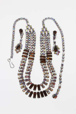 Set - Vintage Silver Tone Diamante Necklace and Earrings with Brown Rhinestones - ML2278
