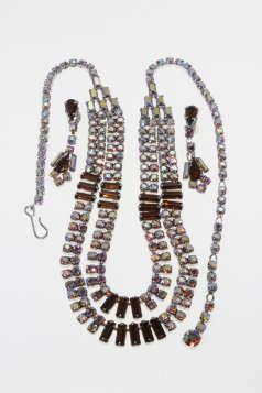 Set - Vintage Silver Tone Diamante Necklace and Earrings with Brown Rhinestones - ML2278
