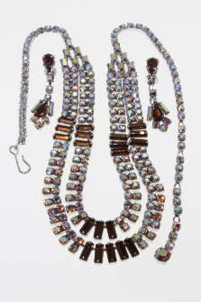 Set - Vintage Silver Tone Diamante Necklace and Earrings with Brown Rhinestones - ML2278