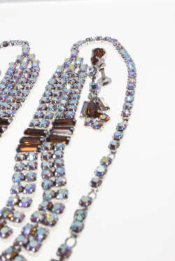 Set - Vintage Silver Tone Diamante Necklace and Earrings with Brown Rhinestones - ML2278