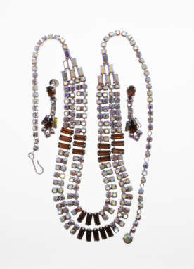 Set - Vintage Silver Tone Diamante Necklace and Earrings with Brown Rhinestones - ML2278