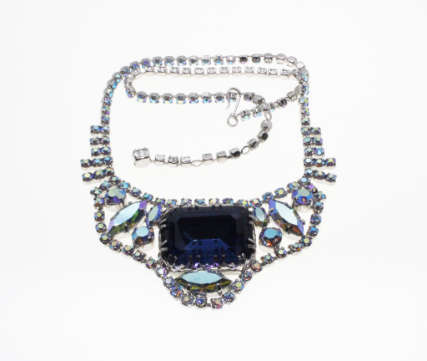 Set - Vintage Silver Tone Blue Diamante Necklace and Earrings with Centre Blue Diamante - ML2279