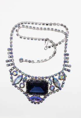 Set - Vintage Silver Tone Blue Diamante Necklace and Earrings with Centre Blue Diamante - ML2279