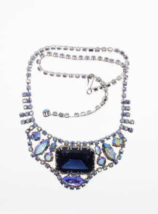 Set - Vintage Silver Tone Blue Diamante Necklace and Earrings with Centre Blue Diamante - ML2279