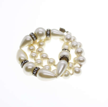Necklace - Vintage Faux Pearl Choker with Teardrop Pearls and Diamantes, Silver Tone - ML2291