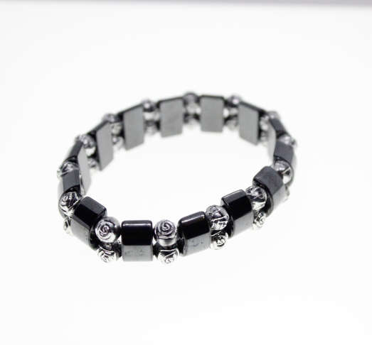 Bracelet - Vintage Hematite Bracelet with Silver Tone Roses in Between - ML2295