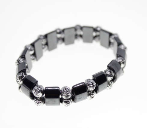 Bracelet - Vintage Hematite Bracelet with Silver Tone Roses in Between - ML2295