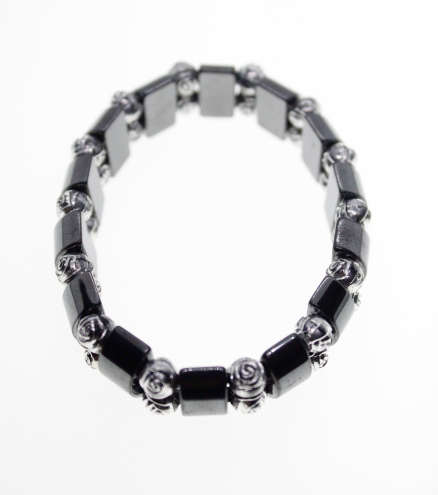 Bracelet - Vintage Hematite Bracelet with Silver Tone Roses in Between - ML2295