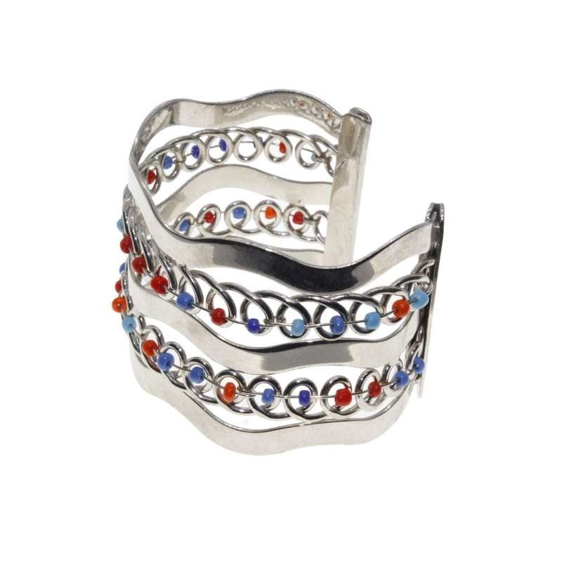 Bangle - Cuff. Silver Tone. Wavy Layers with Twirl Design and Small Coloured Beads - ML3111