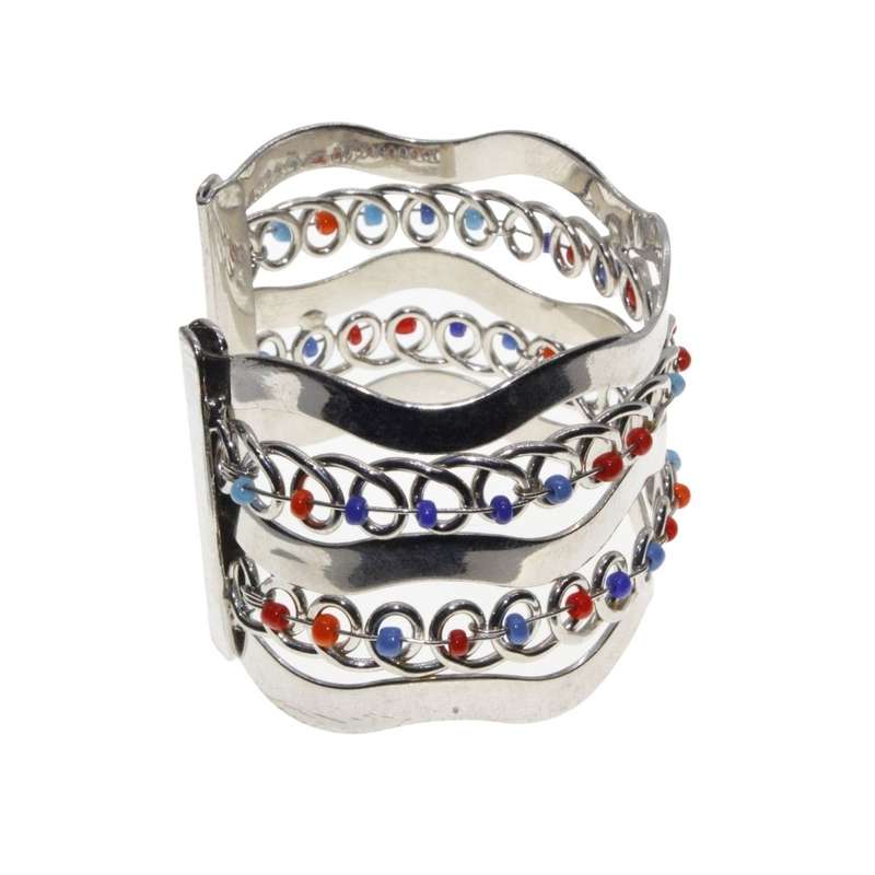 Bangle - Cuff. Silver Tone. Wavy Layers with Twirl Design and Small Coloured Beads - ML3111