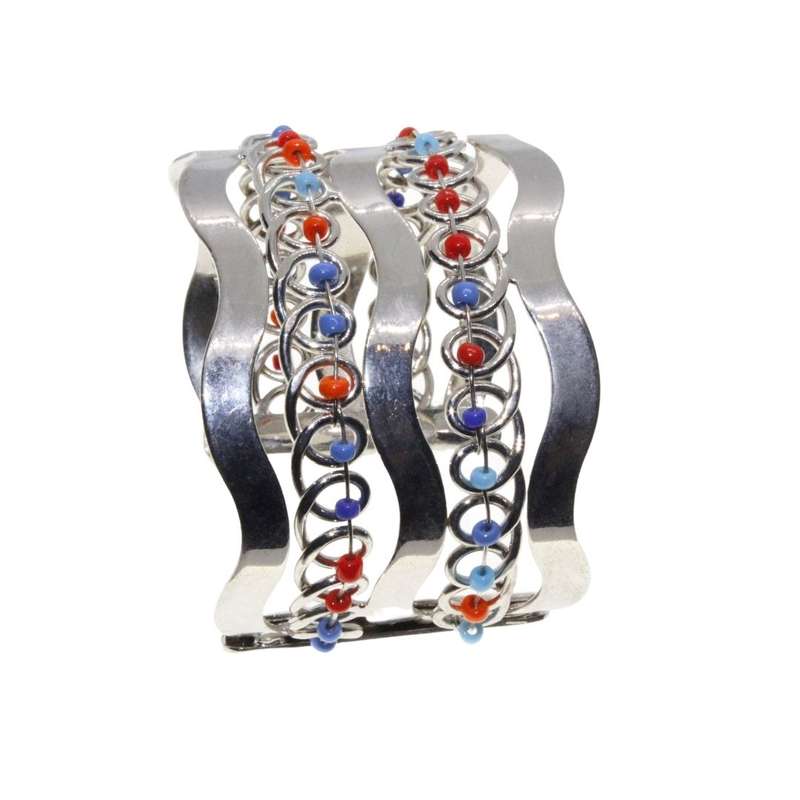Bangle - Cuff. Silver Tone. Wavy Layers with Twirl Design and Small Coloured Beads - ML3111