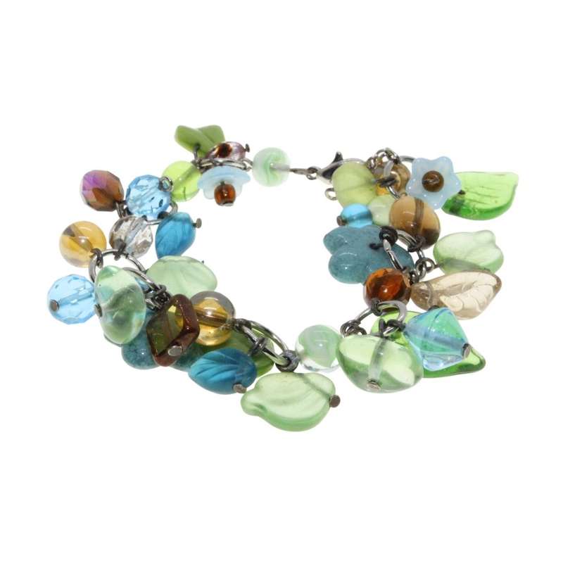 Bracelet - Silver Tone Playful Multi-Coloured Beaded Bracelet. Green, Blue & Brown Beads - ML3123