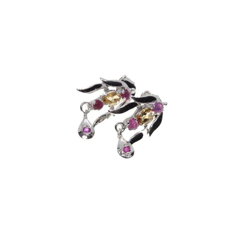 Earrings - Silver Tone Long Leaf Design with Purple & Orange Rhinestones. Pierced Ears - ML3124