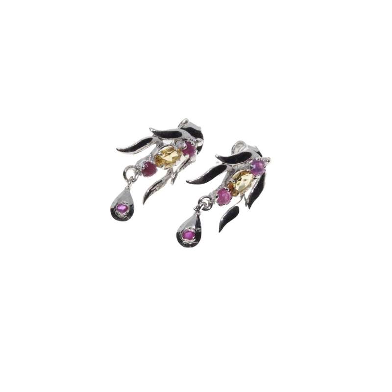 Earrings - Silver Tone Long Leaf Design with Purple & Orange Rhinestones. Pierced Ears - ML3124