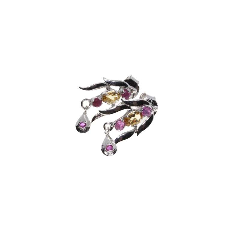 Earrings - Silver Tone Long Leaf Design with Purple & Orange Rhinestones. Pierced Ears - ML3124