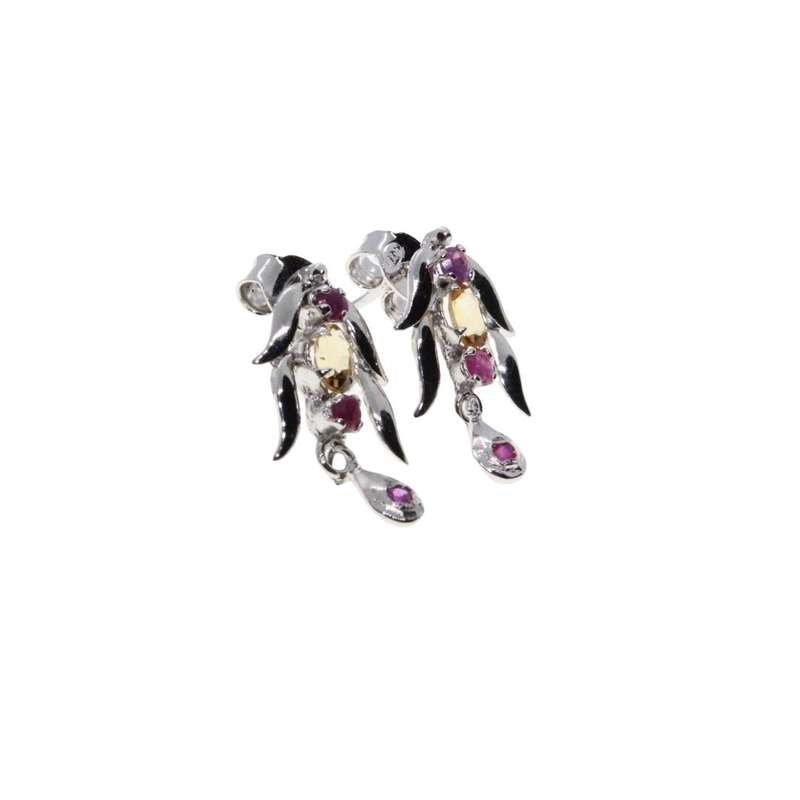 Earrings - Silver Tone Long Leaf Design with Purple & Orange Rhinestones. Pierced Ears - ML3124