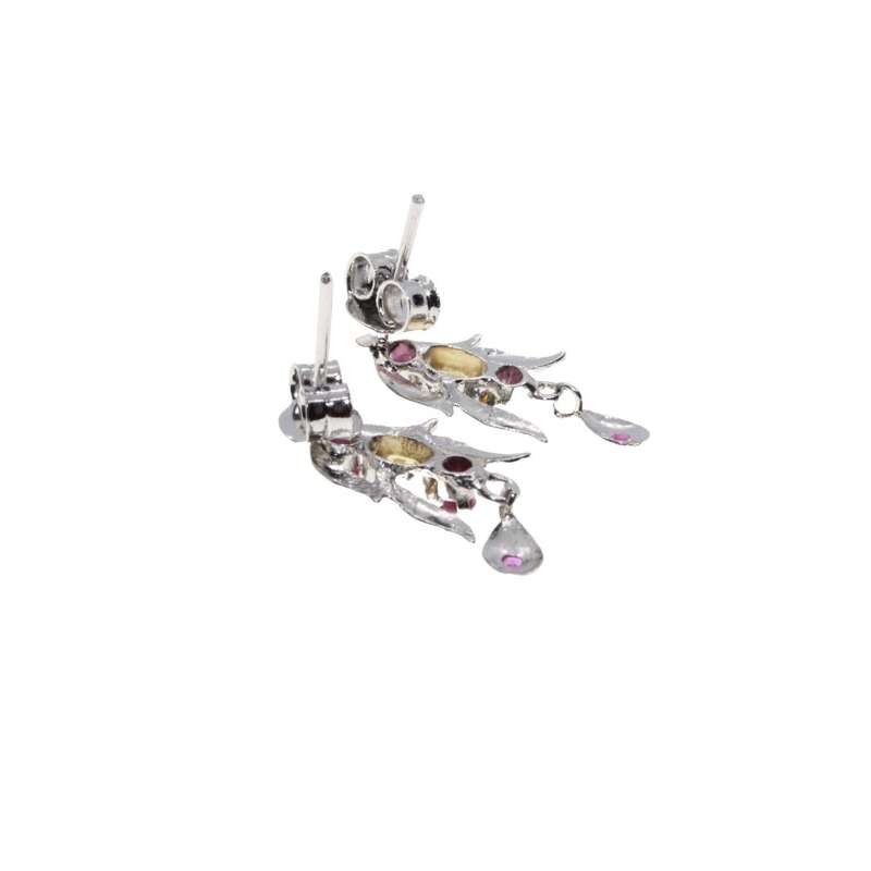 Earrings - Silver Tone Long Leaf Design with Purple & Orange Rhinestones. Pierced Ears - ML3124