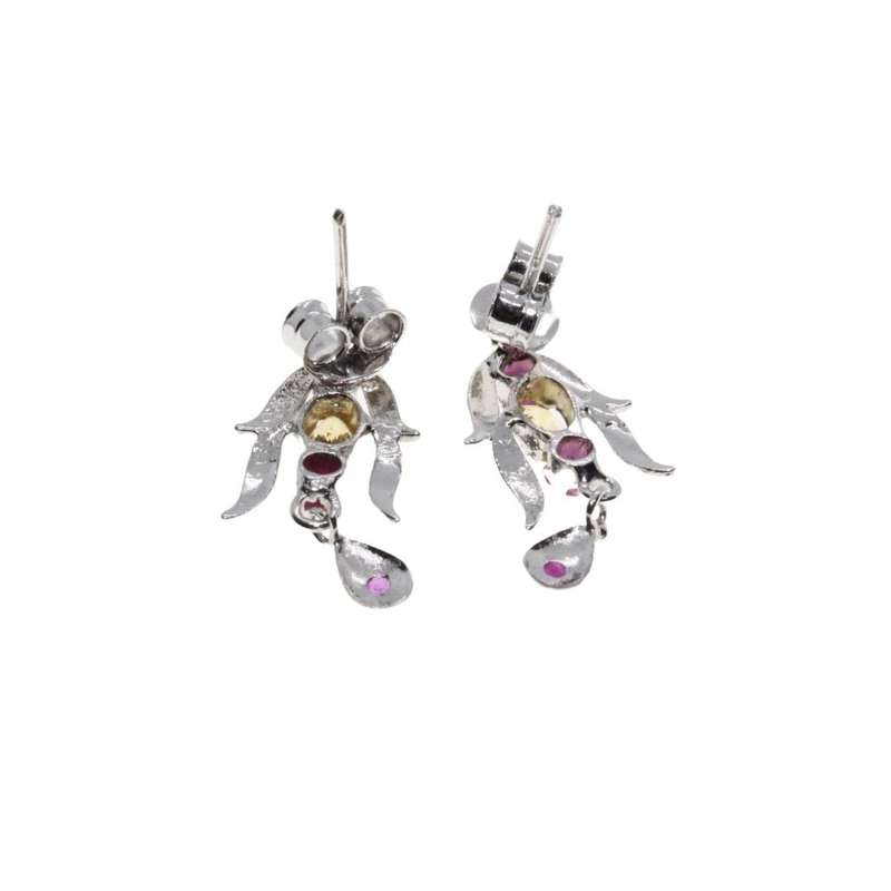 Earrings - Silver Tone Long Leaf Design with Purple & Orange Rhinestones. Pierced Ears - ML3124