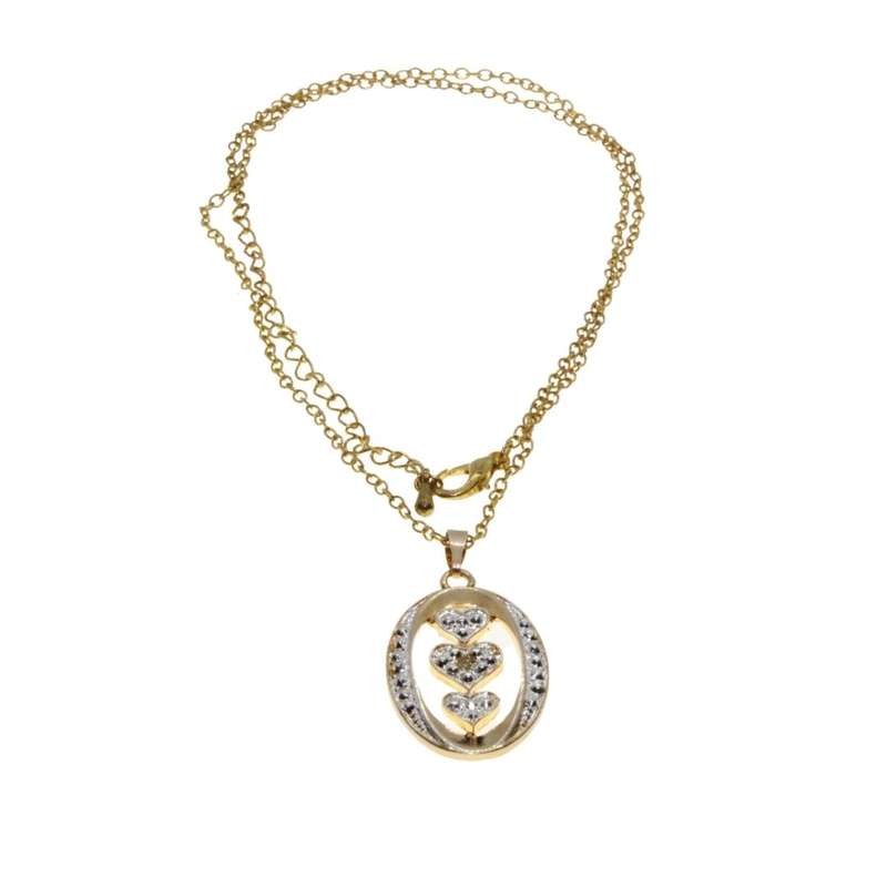 Necklace - Gold Tone Dainty Fashion Necklace. Oval Pendant with 3 Hearts - ML3125