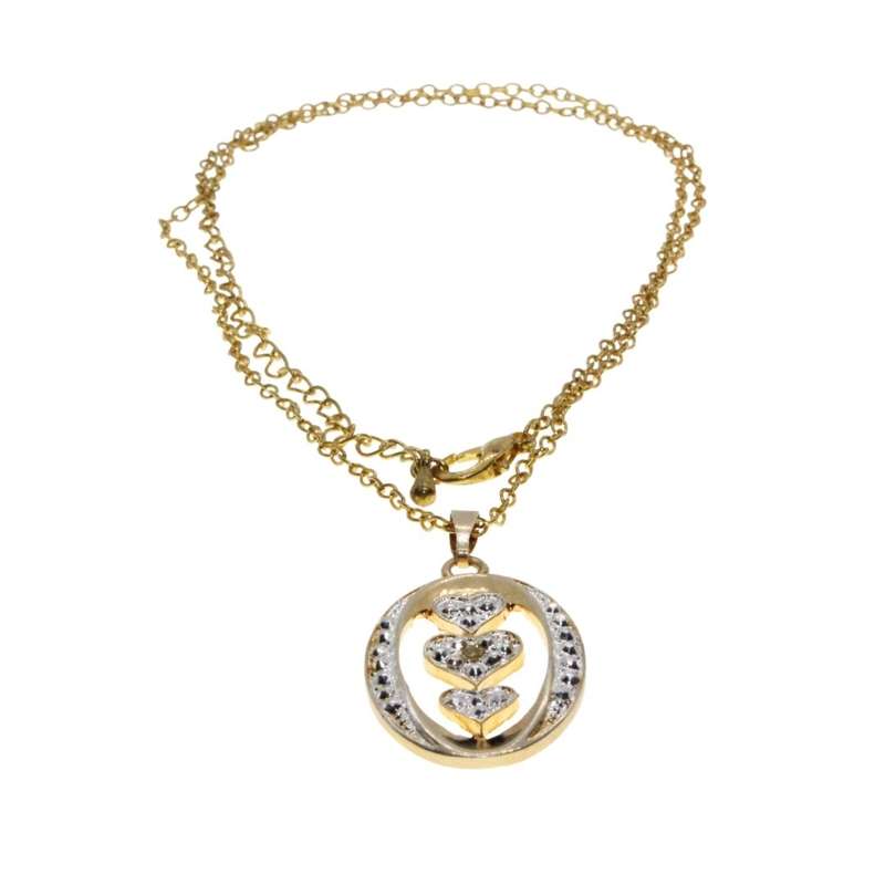 Necklace - Gold Tone Dainty Fashion Necklace. Oval Pendant with 3 Hearts - ML3125