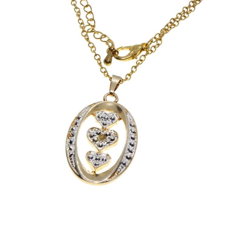 Necklace - Gold Tone Dainty Fashion Necklace. Oval Pendant with 3 Hearts - ML3125