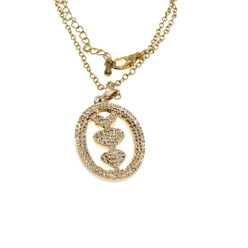 Necklace - Gold Tone Dainty Fashion Necklace. Oval Pendant with 3 Hearts - ML3125
