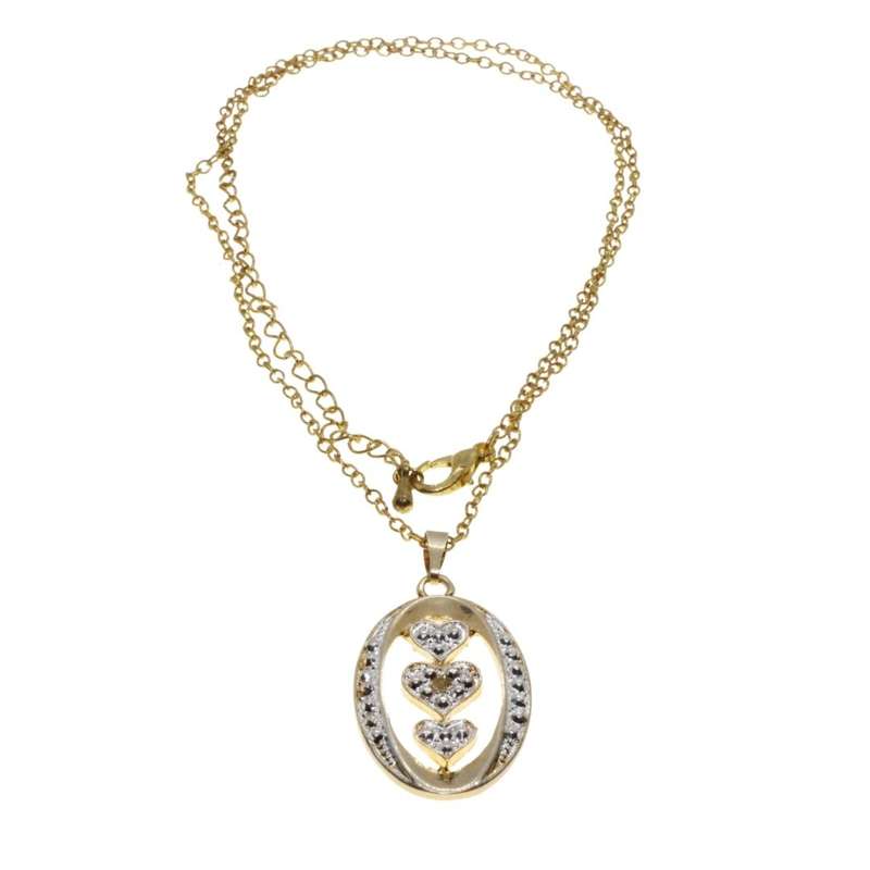 Necklace - Gold Tone Dainty Fashion Necklace. Oval Pendant with 3 Hearts - ML3125