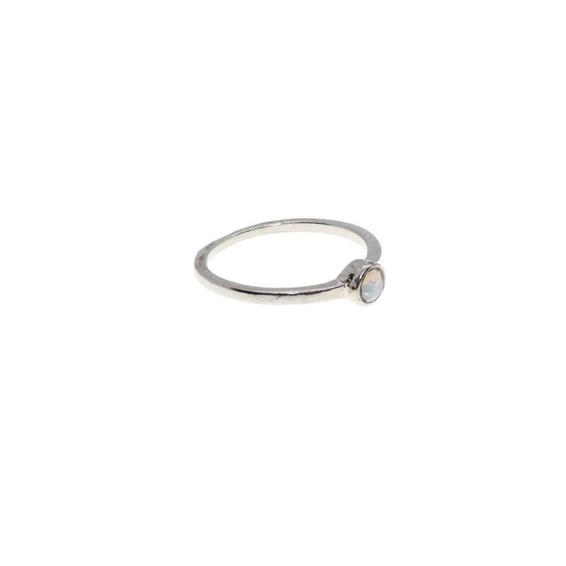 Ring - Silver Tone Dainty Band with Milky White Small Center Rhinestone - ML3128