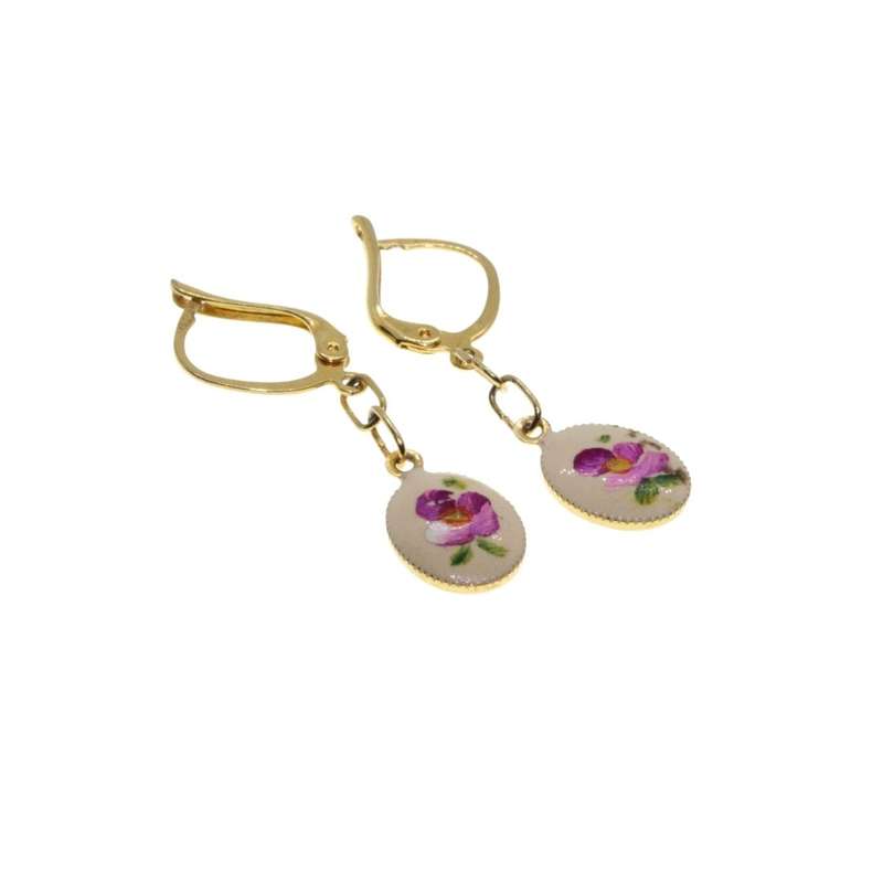 Earrings - Gold Tone Petite Fleur Marked Earrings. Intricate Enamel Hand Painted Flowers - ML3130