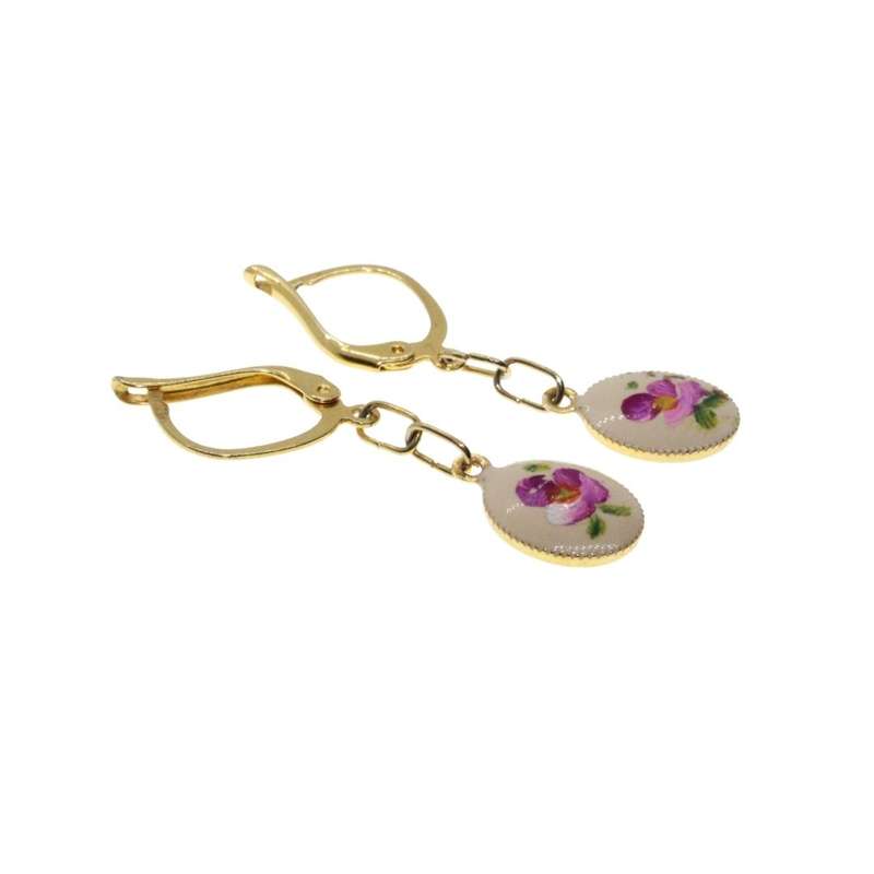 Earrings - Gold Tone Petite Fleur Marked Earrings. Intricate Enamel Hand Painted Flowers - ML3130