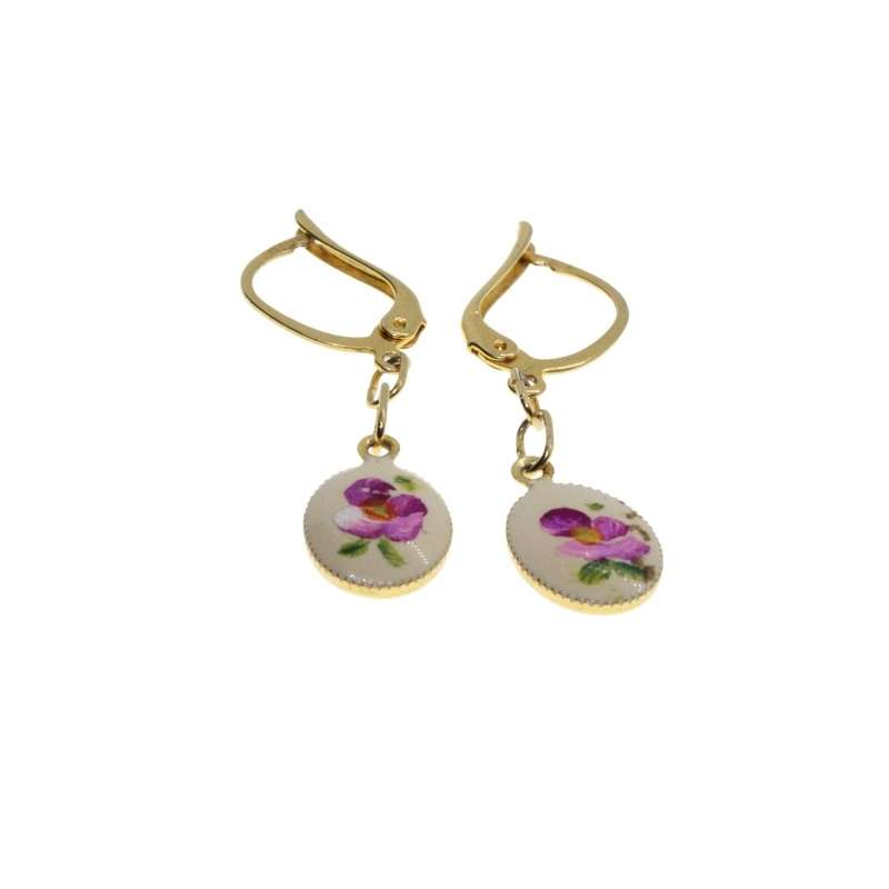 Earrings - Gold Tone Petite Fleur Marked Earrings. Intricate Enamel Hand Painted Flowers - ML3130