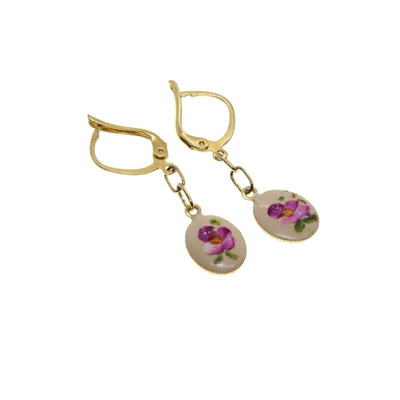 Earrings - Gold Tone Petite Fleur Marked Earrings. Intricate Enamel Hand Painted Flowers - ML3130