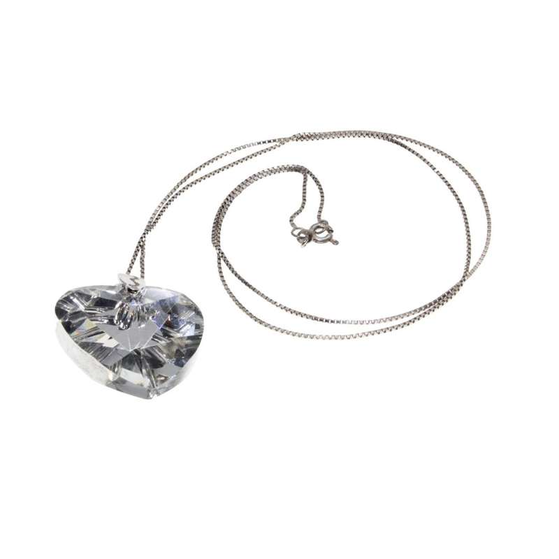 Necklace - 925 Silver Dainty Chain with Beautiful Large Shiny Crystal Heart Pendant - ML3131