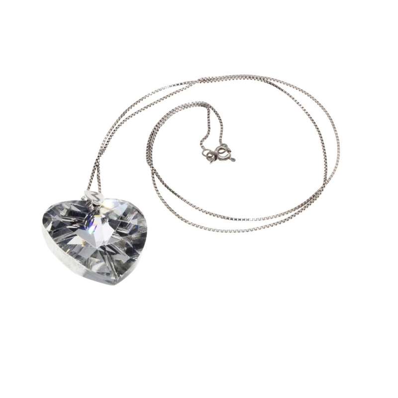 Necklace - 925 Silver Dainty Chain with Beautiful Large Shiny Crystal Heart Pendant - ML3131