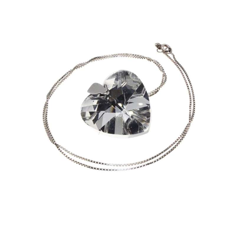 Necklace - 925 Silver Dainty Chain with Beautiful Large Shiny Crystal Heart Pendant - ML3131
