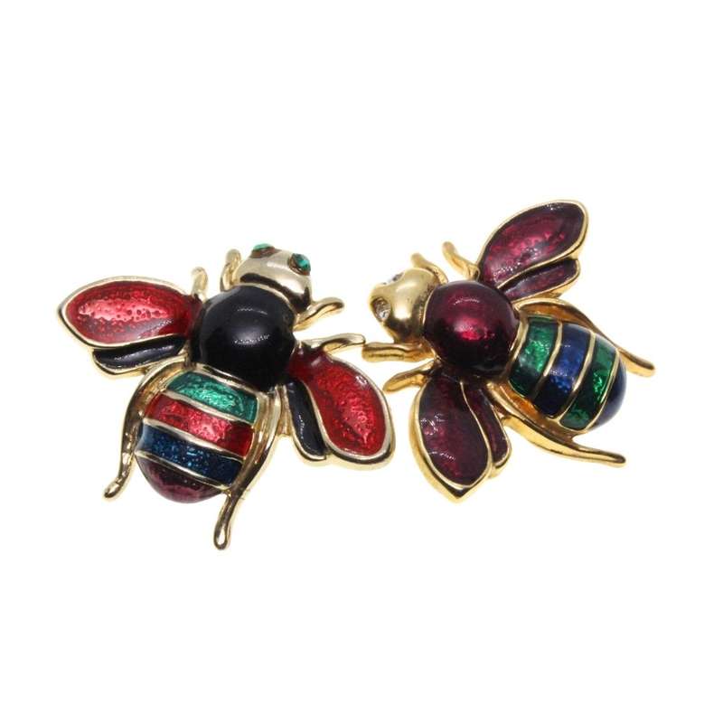 Brooch - 2 x Gold Tone Colourful Enamel Bee Designed Brooches - ML3133