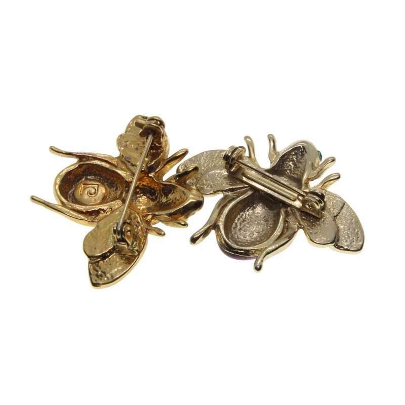 Brooch - 2 x Gold Tone Colourful Enamel Bee Designed Brooches - ML3133