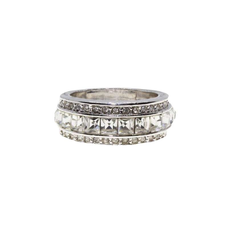 Ring - Silver Tone Chunky Band. Large Square Diamantes surrounded by Small Diamantes - ML3134