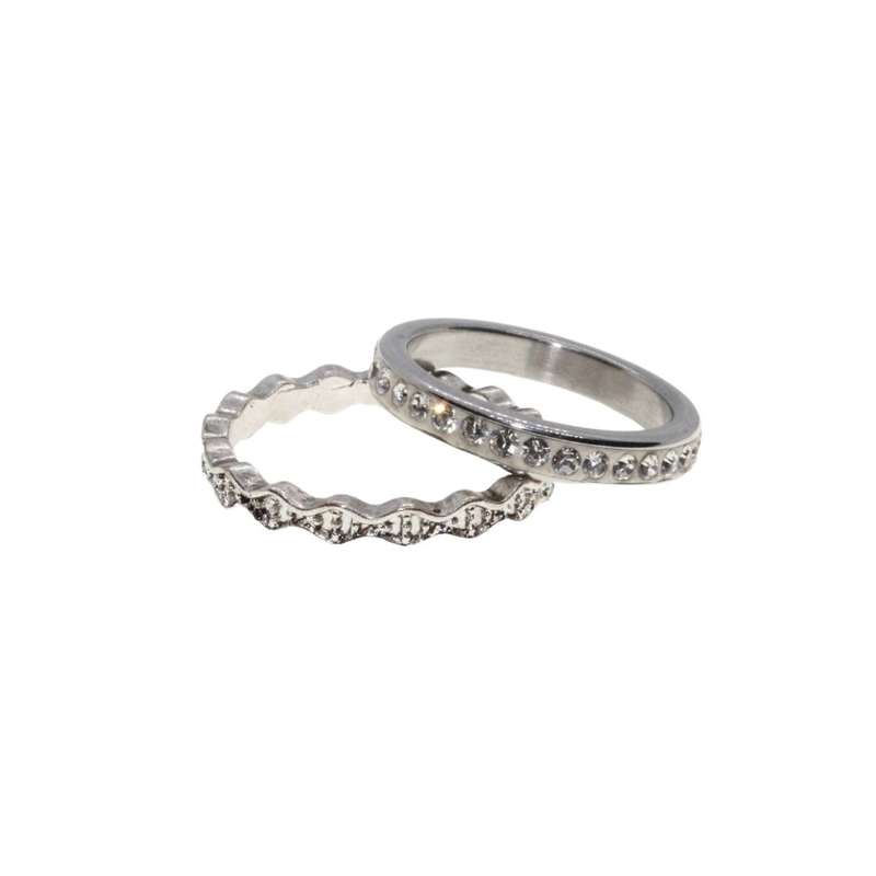 Ring - 2 x Silver Tone Dainty Detailed Bands. One Textured & Other Surrounded by Diamantes - ML3137