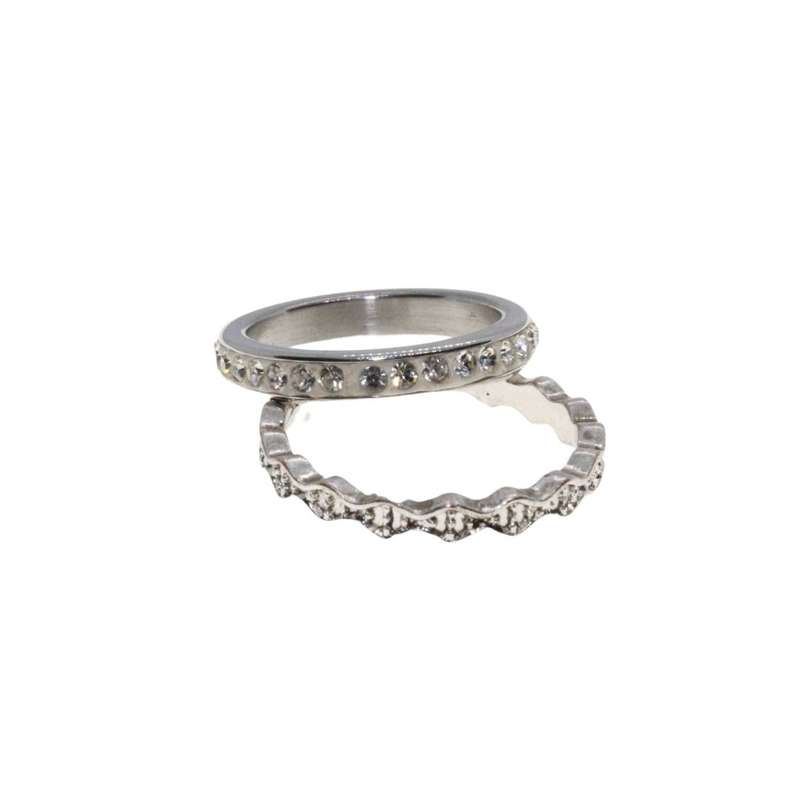 Ring - 2 x Silver Tone Dainty Detailed Bands. One Textured & Other Surrounded by Diamantes - ML3137